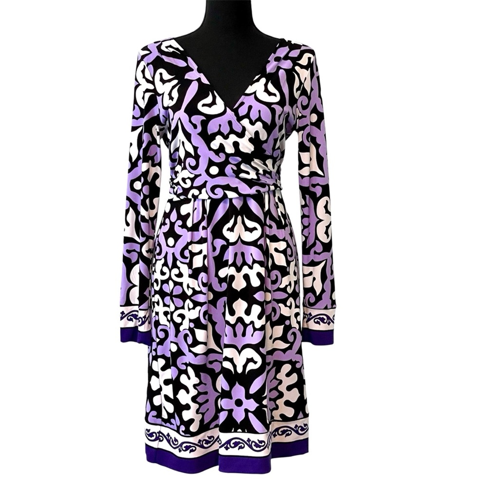 Nicole Miller Size 8 Faux Wrap Dress Scroll Design V Neck Purple Black Stretch